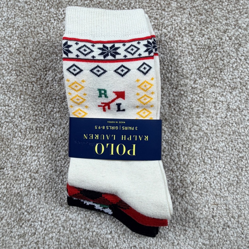 Polo Ralph Lauren Girls 3 Pack Crew Socks Polo Bear Plaid Fair Isle Size 8-9.5